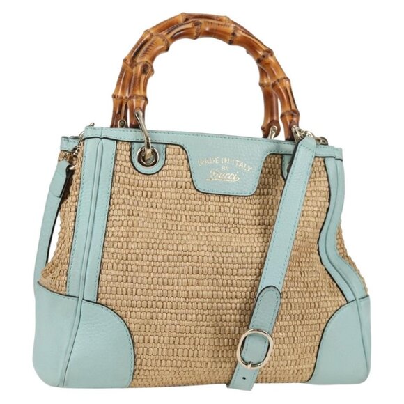 GUCCI Bamboo Hand Bag Raffia 2way Beige Gold - Picture 1 of 15